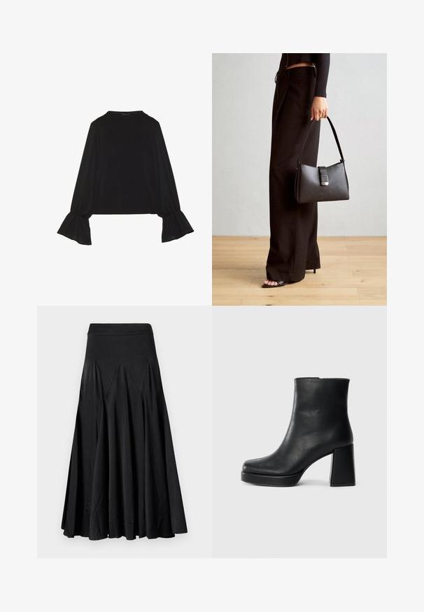 Mustsärgid musta tooniga, pika varrukaga, flöödid käised, pehme tekstuur ja vabalt langev lõige, lihtsa ümaraga kaelusega.; Must mustri seeliku elastse vöökoha ja siledast kangast, kus on lisatud volditud detaile, mis pakuvad lisatekstuuri ja voolu.; Must musta ankle boot, milleplokk-konts ja platvormi tallaga, vaadatud küljelt ühetoonilise valge tausta peal.; Must musta kott, millel on struktureeritud kuju, sile tekstuur ja metallist klamber. Kombineeritud laiate mustade pükstega ja avatud varvaste sandaalidega puidust põrandal.