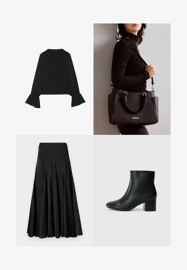 Črn dolg rokav vrh z razširjenimi manšetami, mehko teksturo in sproščenim krojem, z preprostim okroglim izrezom.; Črno krilo s flair krojem in elastičnim pasom, narejeno iz gladkega materiala, z nabranimi detajli za dodatno teksturo in pretočnost.; Črne usnjene gležnjarje s koničastim nosom in debelim peto. Gladka tekstura z minimalnimi detajli in eleganten, prilegajoč dizajn.; Črna torbica z teksturirano površino, z dvema zgornjima ročajema in nastavljivim ramenskim pasom. Ima zlatovrateče dodatke in stranske žepe.