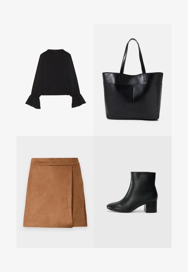 Black long-sleeve top featuring flared cuffs, soft texture, and a relaxed fit, with a simple round neckline.; Brown suede mini skirt with a wrap-around design, featuring a smooth texture and a clean finish at the hem. No visible hardware or accents.; Black leather ankle boots with a pointed toe and a chunky heel. Smooth texture with minimal accents and a sleek, fitted design.; Black leather tote bag with two long handles, a smooth texture, and a structured shape. Features a front pocket for additional storage.