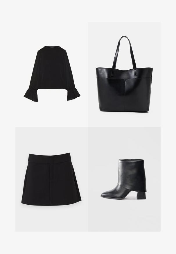 Maglietta nera a maniche lunghe con polsini svasati, texture morbida e vestibilità rilassata, con un semplice collo rotondo.; Gonna nera con vita aderente, design plissettato e tasche laterali nascosti. Realizzata in tessuto leggero con una consistenza liscia.; Stivale in pelle nera alla caviglia con punta affusolata, texture liscia e tacco a blocco strutturato. Presenta un design con risvolto alto.; Borsa a tracolla in pelle nera con due manici lunghi, una texture liscia e una forma strutturata. Presenta una tasca frontale per ulteriore spazio di archiviazione.