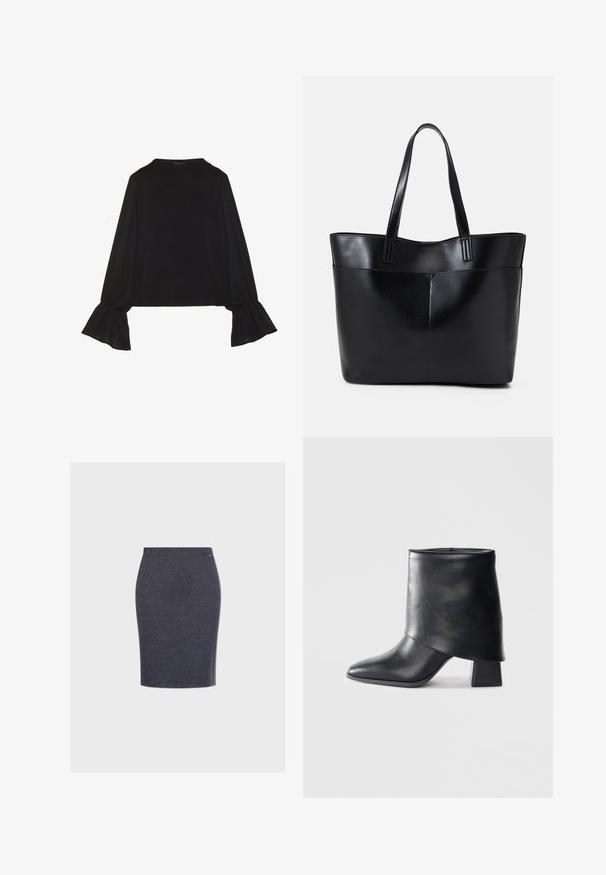 Musta pitkähihainen toppi, jossa on levenevät hihansuut, pehmeä rakenne ja rento fit, yksinkertaisella pyöreällä pääntiellä.; Polvipituinen kynähame, joka on valmistettu tummanharmaasta teksturoidusta kankaasta, jossa on sileä vyötärönauha ja huomaamaton tuotemerkki sivussa.; Mustat nahka nilkkurit, joissa on terävä kärki, sileä pinta ja jämäkkä lohkosaapas. Ominaisuuksia korkea, taitettu varren muotoilu.; Musta nahkainen kassi, jossa on kaksi pitkää kahvaa, sileä pinta ja jämäkkä muoto. Sisältää etutaskun lisävarastointia varten.