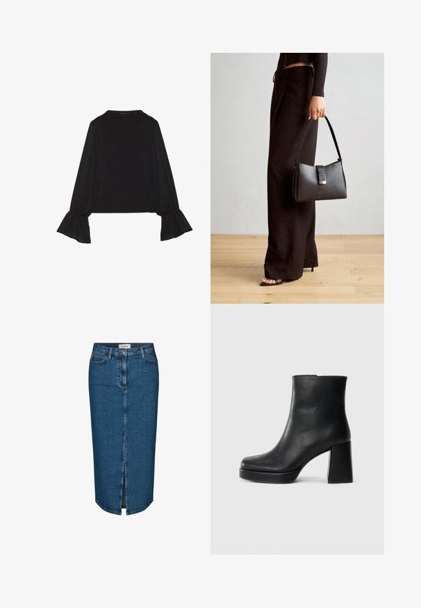 Top noir à manches longues avec des poignets évasés, texture douce et coupe décontractée, doté d'un col rond simple.; Jupe crayon en denim bleu foncé, avec une fente avant, cinq poches et des coutures contrastées. Taille mi-haute avec un design classique.; Bottine en cuir noir avec un talon bloc et une semelle plateforme, vue de côté sur un fond blanc uni.; Sac à main noir à la forme structurée, texture lisse et fermoir métallique. Associé à un pantalon noir ample et des sandales ouvertes sur un sol en bois.