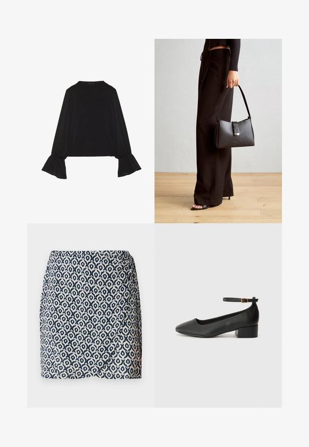 Black long-sleeve top featuring flared cuffs, soft texture, and a relaxed fit, with a simple round neckline.; Navy and white patterned wrap skirt with geometric shapes, lightweight fabric, fitted waist, and slight drape at the hem.; Black leather pump with a pointed toe and a low block heel. Features an ankle strap with a gold-tone buckle. Smooth texture.; Black handbag with structured shape, smooth texture, and a metallic clasp. Paired with wide black pants and open-toe sandals on wooden floor.