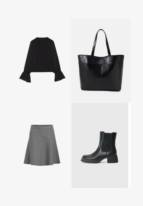 Top noir à manches longues avec des poignets évasés, texture douce et coupe décontractée, doté d'un col rond simple.; Jupe grise évasée en tissu doux, dotée d'une taille lisse et d'un ourlet qui s'évase doucement, avec une texture subtile et sans motifs.; Bottine en cuir noir avec panneaux latéraux élastiques, bout rond et petit talon en bloc. La surface a une texture lisse et un minimalisme dans les détails.; Sac fourre-tout en cuir noir avec deux longues poignées, une texture lisse et une forme structurée. Dispose d'une poche avant pour un rangement supplémentaire.; Ensemble de boucles d'oreilles en argent de styles variés : trois paires de créoles, deux paires avec des finitions texturées, présentant différentes formes et tailles.