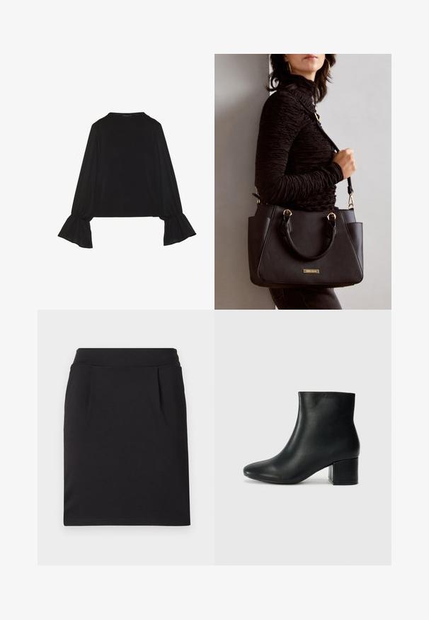 Svart langermet topp med utsvingte mansjetter, myk tekstur og avslappet passform, med enkel rund hals.; Svart knelengde skjørt laget av glatt stoff, med en tettsittende midje og to diskrete folder foran for ekstra detaljer.; Sorte skinn ankelsko med spiss tå og chunky hæl. Glatt tekstur med minimale detaljer og et elegant, tettsittende design.; Svart håndveske med teksturert overflate, doble topphåndtak og justerbar skulderrem. Har detaljer i gulltone og sidelommer.
