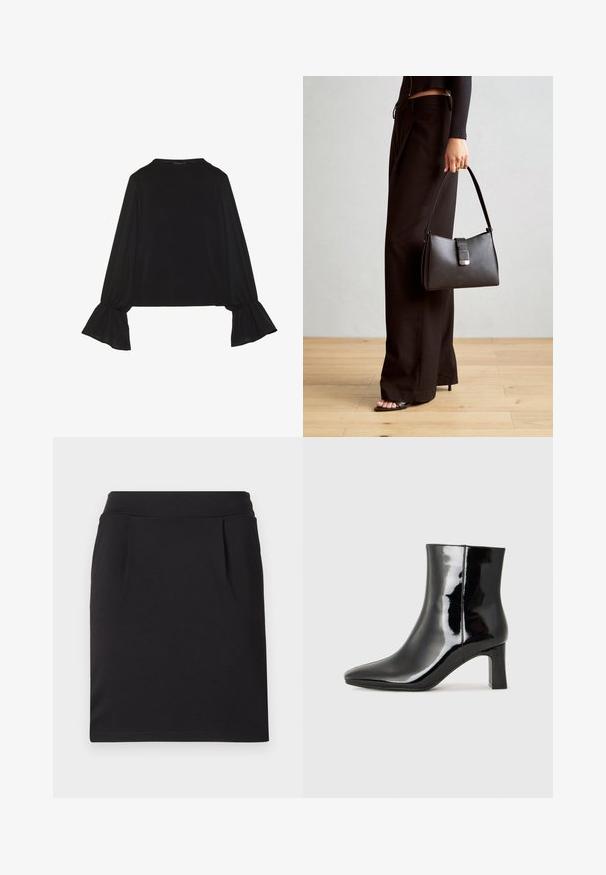 Black long-sleeve top featuring flared cuffs, soft texture, and a relaxed fit, with a simple round neckline.; Black knee-length skirt made of smooth fabric, featuring a fitted waist and two discreet pleats on the front for added detail.; Black patent leather ankle boot with a pointed toe and a mid-height block heel. Smooth texture and minimalist design.; Black handbag with structured shape, smooth texture, and a metallic clasp. Paired with wide black pants and open-toe sandals on wooden floor.