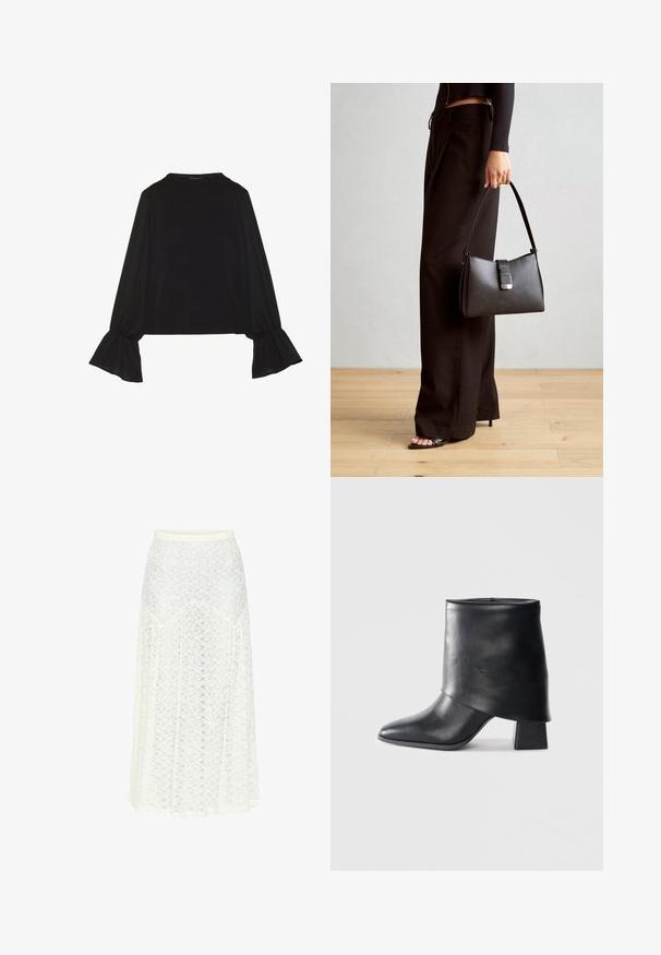 Top noir à manches longues avec des poignets évasés, texture douce et coupe décontractée, doté d'un col rond simple.; Jupe midi en dentelle blanche avec un tissu léger et texturé. Présente une silhouette évasée et des bords festonnés pour plus de détails.; Bottine en cuir noir à bout pointu, texture lisse et talon bloc structuré. Elle se distingue par un design de revers haut et plié.; Sac à main noir à la forme structurée, texture lisse et fermoir métallique. Associé à un pantalon noir ample et des sandales ouvertes sur un sol en bois.