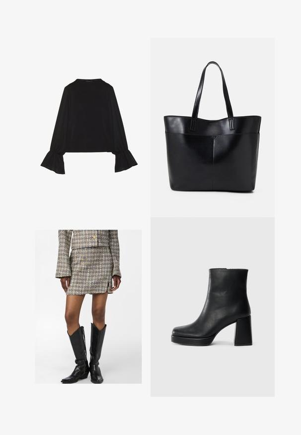 Top preto de mangas longas com punhos largos, textura suave e um corte descontraído, com um simples decote redondo.; Saia mini em tweed com um padrão multicolorido, abertura lateral e uma jaqueta cropped coordenada. Combinada com botas de couro pretas até ao joelho.; Bota de couro preta até ao tornozelo com salto bloco e sola com plataforma, vista de lado sobre um fundo branco liso.; Bolsa tote preta em couro com duas alças longas, textura suave e forma estruturada. Apresenta um bolso frontal para armazenamento adicional.