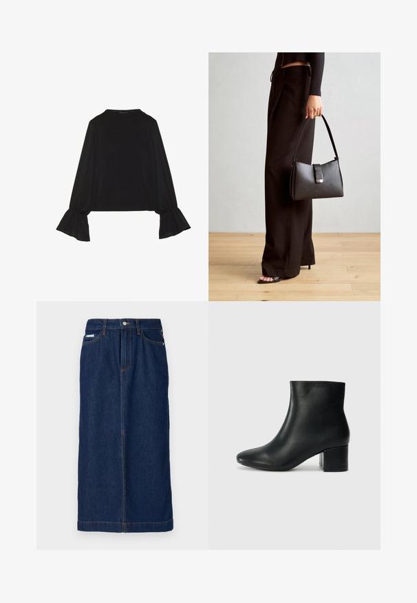 Svart langermet topp med utsvingte mansjetter, myk tekstur og avslappet passform, med enkel rund hals.; Jeanskjørt i mørkeblått med rett snitt, har oransje sømmer, midjebånd med beltehull og frontlommer.;  Sorte skinn ankelsko med spiss tå og chunky hæl. Glatt tekstur med minimale detaljer og et elegant, tettsittende design.; Svart håndveske med strukturert form, jevn tekstur og metallisk lås. Kombinert med brede svarte bukser og sandaler med åpen tå på tregulv.