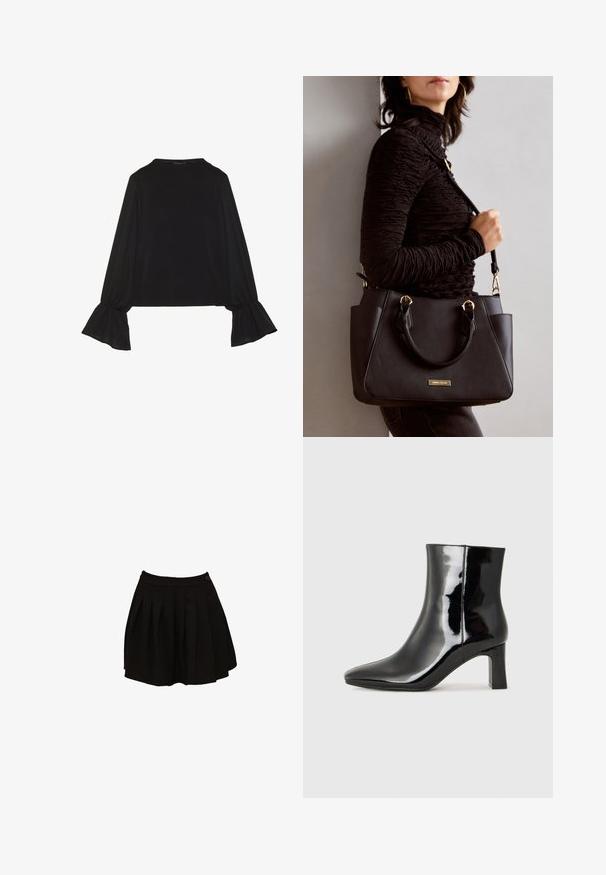 Top preto de mangas longas com punhos largos, textura suave e um corte descontraído, com um simples decote redondo.; Saia preta pregueada com um cós ajustado e um detalhe de botão único. O tecido parece suave e leve, projetado para uma silhueta ampla.; Botim de tornozelo em pele sintética preta com bico apontado e salto bloco de altura média. Textura suave e design minimalista.; Bolsa preta com superfície texturizada, alças superiores duplas e alça de ombro ajustável. Apresenta ferragens em tom dourado e bolsos laterais.