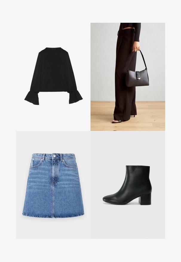 Musta pitkähihainen toppi, jossa on levenevät hihansuut, pehmeä rakenne ja rento fit, yksinkertaisella pyöreällä pääntiellä.; Denim-hame, jossa on leveä A-linjainen muoto, vaaleansininen pesu, kaksi etutaskua ja napitus vyötäröllä. Ompeleiden yksityiskohtia näkyvillä.; Musta nahkasaappaat nilkkapituudella, jossa on terävä kärki ja paksu korko. Silkkinen pinta, jossa on minimaaliset yksityiskohdat ja tyylikäs, istuva muotoilu.; Musta käsilaukku, jossa on rakenteellinen muoto, sileä pinta ja metallinen solki. Yhdistetty leveisiin mustiin housuihin ja avonaiheisiin sandaaleihin puulattialla.