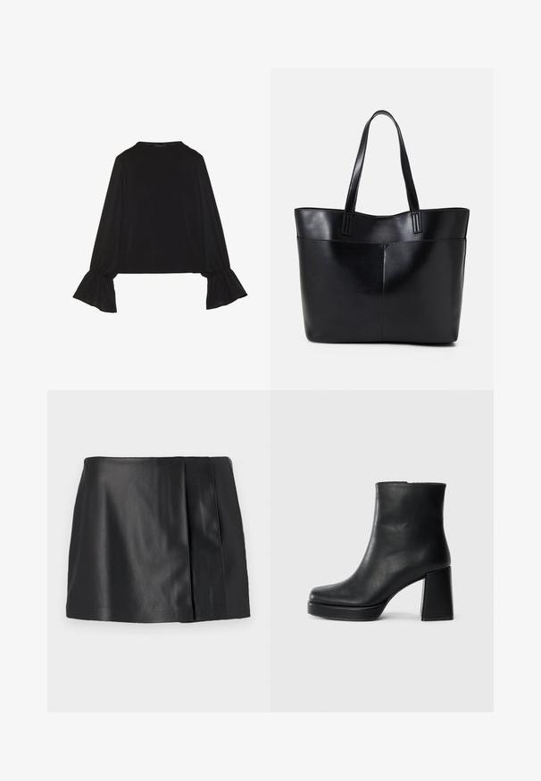 Top noir à manches longues avec des poignets évasés, texture douce et coupe décontractée, doté d'un col rond simple.; Jupe mini en cuir noir présentant une texture lisse, un léger éclat et un design plissé sur un côté. Pas de fermetures ni de décorations visibles.; Bottine en cuir noir avec un talon bloc et une semelle plateforme, vue de côté sur un fond blanc uni.; Sac fourre-tout en cuir noir avec deux longues poignées, une texture lisse et une forme structurée. Dispose d'une poche avant pour un rangement supplémentaire.