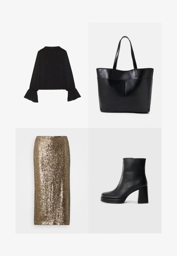 Černý top s dlouhými rukávy, který má rozšířené manžety, jemnou texturu a volný střih, s jednoduchým kulatým výstřihem.; Zlatá sukýnka do pencil střihu se strukturovaným povrchem a zapínáním na zip na zadní straně. Reflexní flitry pokrývají celý materiál.; Černý kožený kotníkový bot s blokovým podpatkem a platformou, viděný z boku na jednoduchém bílém pozadí.; Černá kožená taška s dlouhými ušima, hladkým povrchem a strukturovaným tvarem. Obsahuje přední kapsu pro další úložný prostor.
