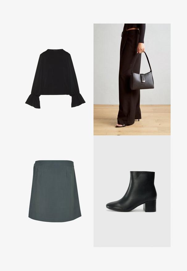 Juoda ilgomis rankovėmis palaidinė su išsiplėtusiais rankogaliais, minkšta tekstūra ir laisva forma, su paprastu apvaliu kaklu.; Tamsiai žalia, iki kelių siekianti sijonas su lygia tekstūra, su plokščiu juosmeniu ir subtiliomis klostėmis priekyje. Paprastas, funkcionalus dizainas.; Juodos odinės aulinės botai su smailiu priekiniu pirštu ir storu kulnu. Lygus tekstūra su minimaliomis detalėmis ir elegantišku, tvirtai priglundančiu dizainu.; Juodas rankinė struktūrizuota forma, lygi tekstūra ir metalinis užsegimas. Suporuota su plačiomis juodomis kelnėmis ir atvirais bateliais ant medinių grindų.