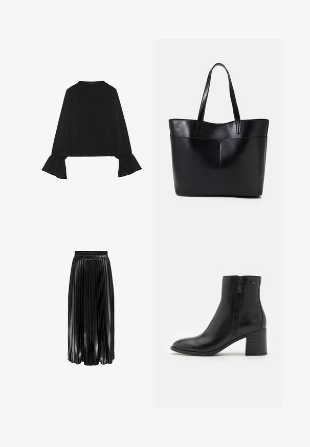 Zwarte langemouwen top met uitlopende manchetten, een zachte textuur en een relaxed fit, met een eenvoudige ronde halslijn.; Zwarte plissé midi rok met een glanzende afwerking, elastische tailleband en opvallende verticale plooien, die een textuur- en vloeiend uiterlijk bieden.; Zwarte enkellaarsjes van soepel leer met een zijrits. Kenmerken zijn een spitse neus en een geprofileerde blokhak voor stabiliteit.; Zwarte leren tote bag met twee lange handvatten, een zachte textuur en een gestructureerde vorm. Voorzien van een voorvak voor extra opslagruimte.