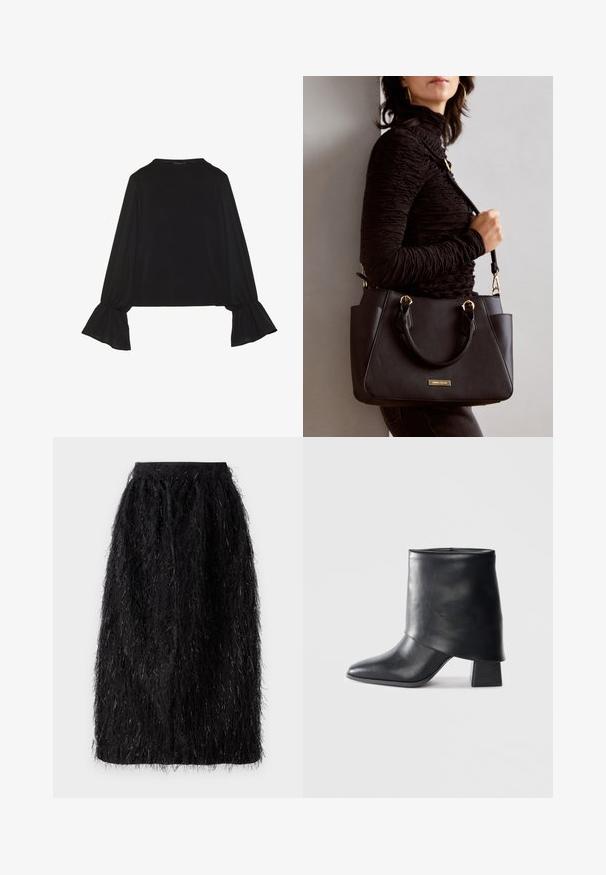 Melna garām piedurknēm krekls ar izplestu aproču, maigu tekstūru un brīvu piegriezumu, ar vienkāršu apaļu dekoltē.; Melna svārki ar teksturētu, spalvotu izskatu, kurā ieaustas metāla šķiedras. Vidēja garuma ar elastīgu jostu.; Melnas ādas potītes zābaki ar norādītu purngalu, gludu tekstūru un strukturētu blokveida papēdi. Iezīmē augstu, salocītu apkakles dizainu.; Melnā rokassoma ar teksturētu virsmu, diviem augšējiem rokturiem un regulējamu pleca siksnu. Iespējas ar zelta krāsas aparatūru un sānu kabatām.