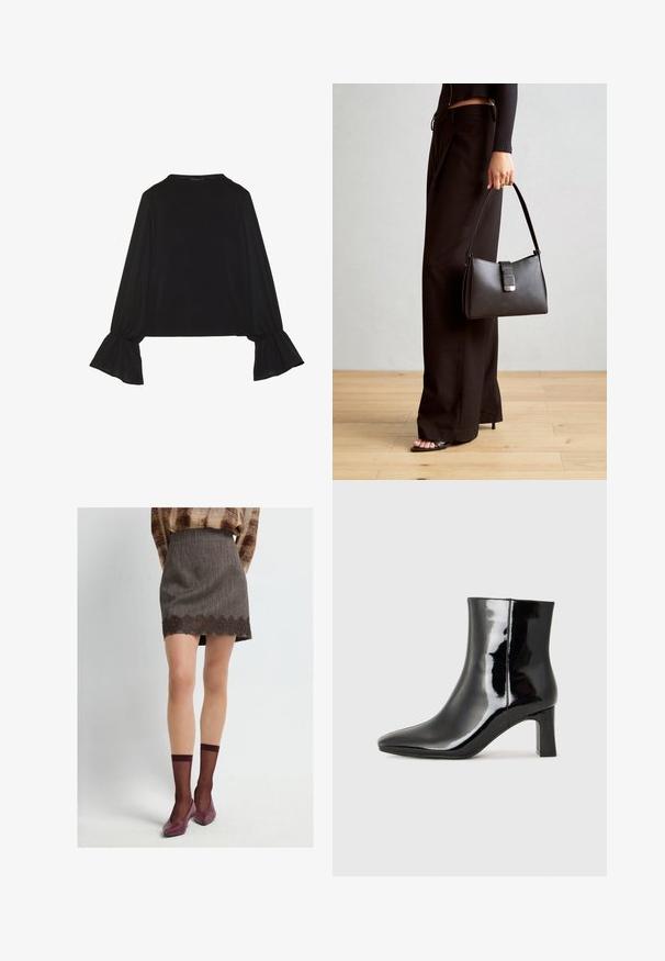 Černý top s dlouhými rukávy, který má rozšířené manžety, jemnou texturu a volný střih, s jednoduchým kulatým výstřihem.; Hnědá texturovaná mini sukně s krajkovým lemem, doplněná o vínové průhledné ponožky a odpovídající nízké boty.; Černé lakované kotníkové boty s špičatou špičkou a středně vysokým blokovým podpatkem. Hladká textura a minimalistický design.; Černá kabelka se strukturovaným tvarem, hladkým povrchem a kovovým uzávěrem. Kombinována s širokými černými kalhotami a sandály s otevřenou špičkou na dřevěné podlaze.