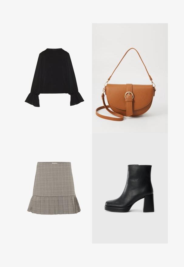 Sort langærmet top med flagrende manchetter, blød tekstur og en afslappet pasform, samt en enkel rund halsudskæring.; Grå ternet nederdel med en udvidet kant, der har et subtilt plisseret design og en tætsiddende talje. Fremstillet af letvægtsstof.; Sort læder ankelstøvle med blokhæl og platformssål, set fra siden på en ensfarvet hvid baggrund.; Brun læder crossbody taske med en buet form, guldfarvet hardware og en spændeaccent. Har en aftagelig skulderrem.