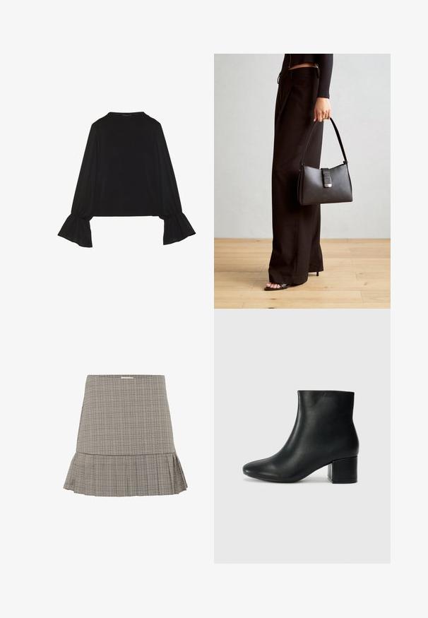 Mustsärgid musta tooniga, pika varrukaga, flöödid käised, pehme tekstuur ja vabalt langev lõige, lihtsa ümaraga kaelusega.; Halliliselt hemline'iga hallide ruuduliste mustriga seelik, millel on peenelt volditud disain ja kitsas talje. Valmistatud kergetest kangast.; Mustad nahast pahkluu saapad terava varbaga ja jämeda kandaga. Sile tekstuur minimaalse aktsentidega ja stiilne, lihvitud disain.; Must musta kott, millel on struktureeritud kuju, sile tekstuur ja metallist klamber. Kombineeritud laiate mustade pükstega ja avatud varvaste sandaalidega puidust põrandal.