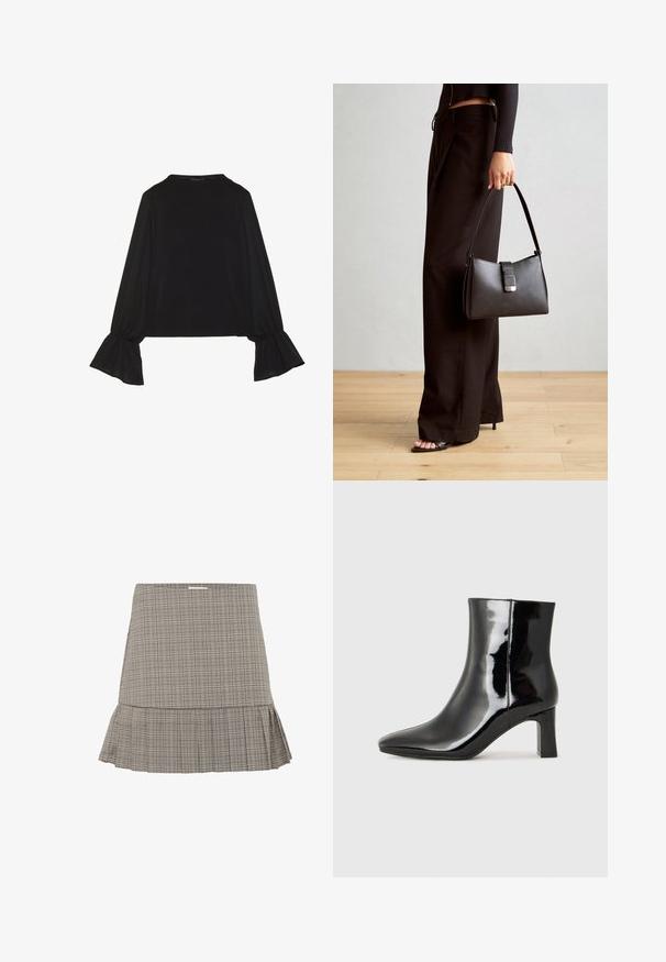 Mustsärgid musta tooniga, pika varrukaga, flöödid käised, pehme tekstuur ja vabalt langev lõige, lihtsa ümaraga kaelusega.; Halliliselt hemline'iga hallide ruuduliste mustriga seelik, millel on peenelt volditud disain ja kitsas talje. Valmistatud kergetest kangast.; Must-sinine nahkjalats musta läikiva viimistlusega, millel on terav nina ja keskmise kõrgusega plokk konts. Sile tekstuur ja minimalistik disain.; Must musta kott, millel on struktureeritud kuju, sile tekstuur ja metallist klamber. Kombineeritud laiate mustade pükstega ja avatud varvaste sandaalidega puidust põrandal.