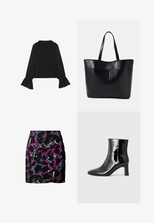 Musta pitkähihainen toppi, jossa on levenevät hihansuut, pehmeä rakenne ja rento fit, yksinkertaisella pyöreällä pääntiellä.; Musta hame, jossa on violetti, sininen ja valkoinen kukkakuosi. Suunnittelussa on rypytetty sivuyksityiskohta ja brändäys helman kohdalla.; Musta patenttilakattu nilkkuri, jossa on terävä kärki ja keskipitkä lohkarekorko. Silkkinen pinta ja minimalistinen muotoilu.; Musta nahkainen kassi, jossa on kaksi pitkää kahvaa, sileä pinta ja jämäkkä muoto. Sisältää etutaskun lisävarastointia varten.