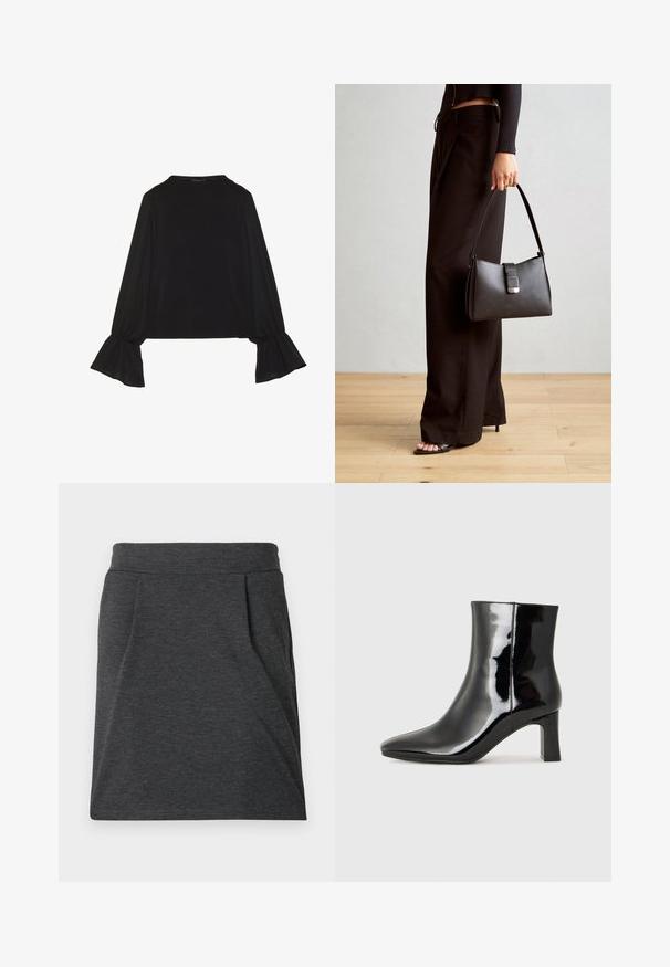 Top noir à manches longues avec des poignets évasés, texture douce et coupe décontractée, doté d'un col rond simple.; Jupe en tissu gris foncé avec une taille ajustée, dotée de plis pour plus de texture. Design droit, détails de couture minimaux et sans motifs.; Bottines en cuir verni noir avec un bout pointu et un talon block de hauteur moyenne. Texture lisse et design minimaliste.; Sac à main noir à la forme structurée, texture lisse et fermoir métallique. Associé à un pantalon noir ample et des sandales ouvertes sur un sol en bois.