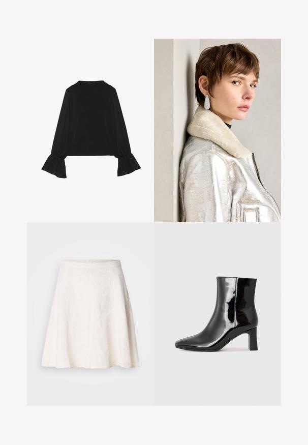 Crna majica dugih rukava s proširenim manžetama, mekanim materijalom i opuštenim krojem, s jednostavnim okruglim izrezom.; Bijela lanena suknja s lepršavim A-linijskim dizajnom. Ima glatki pojas i laganu teksturu s suptilnim naborima.; Crne lakirane kožne gležnjače s šiljastim prstom i srednje visokom blok petom. Glatka tekstura i minimalistički dizajn.; Srebrna metalik kožna jakna s ovčjim krznom, koja ima zatvaranje na patentni zatvarač i teksturiranu površinu. Velike naušnice u obliku suze s prozirnim draguljima.