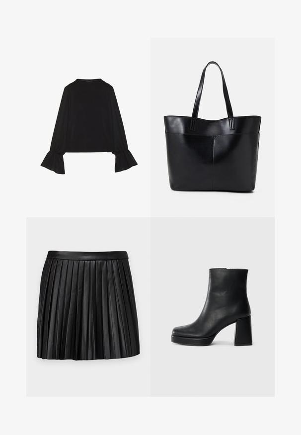 Crna majica dugih rukava s proširenim manžetama, mekanim materijalom i opuštenim krojem, s jednostavnim okruglim izrezom.; Crna kožna mini suknja s nabranim detaljima i glatkim pojasom, koja se ističe vertikalnim naborima i čistim, strukturiranim dizajnom.; Crna kožna čizma do gležnja s blok petom i platformom, prikazana s bočne strane na jednostavnoj bijeloj pozadini.; Crna kožna torba s dugim ručkama, glatkom teksturom i strukturiranim oblikom. Ima prednju džep za dodatno pohranu.