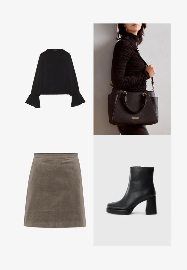 Musta pitkähihainen toppi, jossa on levenevät hihansuut, pehmeä rakenne ja rento fit, yksinkertaisella pyöreällä pääntiellä.; Khaki corduroy mini-hame, jonka muoto on suora, pinta on sileä ja vyötärö on yksinkertainen, sisältäen pystysuorat raidat kauttaaltaan.; Musta nahkasaapas nilkkapituisena, jossa on paksu korko ja alustapohja, nähtynä sivulta yksinkertaisella valkoisella taustalla.; Musta käsilaukku, jossa on teksturoitu pinta, kaksi yläkantta ja säädettävä olkahihna. Varustettu kultasävyisillä varusteilla ja sivutaskuilla.