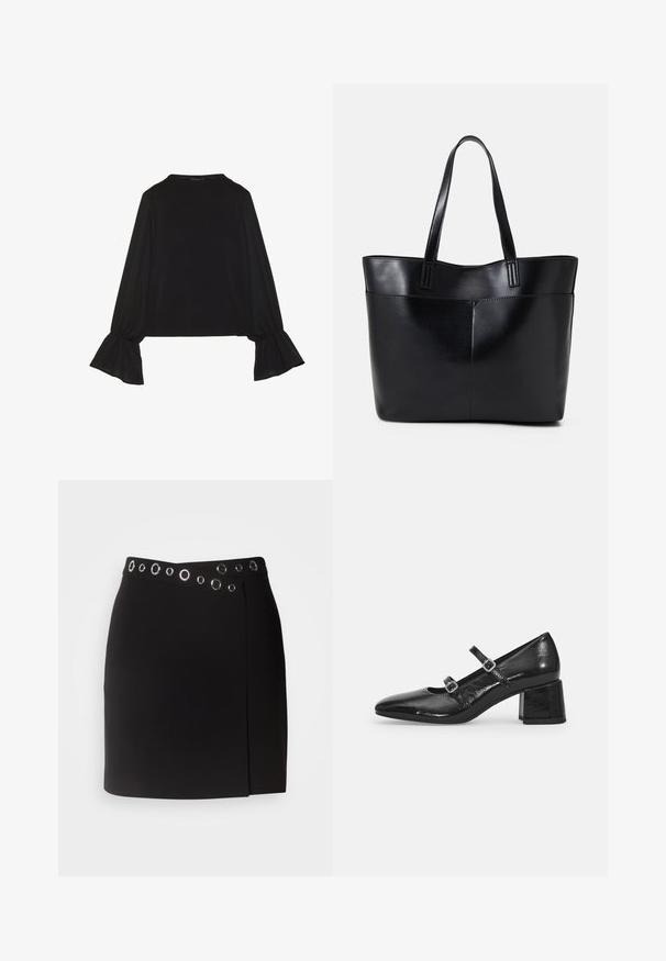 Juoda ilgomis rankovėmis palaidinė su išsiplėtusiais rankogaliais, minkšta tekstūra ir laisva forma, su paprastu apvaliu kaklu.; Morgan JILLY - Susiaučiamas sijonas - noir; Juodos lakinės Mary Jane bateliai su smailu smailiu, dviem reguliuojamais dirželiais ir storu blokuota kulnu. Lygus paviršius ir blizgus apdaila.; Juoda odinė rankinė su dviem ilgais diržais, lygiu paviršiumi ir struktūrizuota forma. Yra priekinė kišenė papildomam saugojimui.