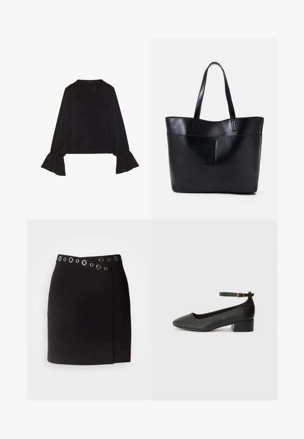 Schwarz langärmliges Oberteil mit ausgestellt geschnittenen Bündchen, weicher Textur und entspannter Passform, mit einem schlichten runden Halsausschnitt.; Morgan JILLY - Wickelrock - noir; Schwarze Lederpumps mit spitzem Zehenbereich und niedrigem Blockabsatz. Mit einem Knöchelriemen und einer goldfarbenen Schnalle. Glatte Textur.; Schwarze Leder-Shopper-Tasche mit zwei langen Griffen, einer glatten Textur und einer strukturierten Form. Verfügt über eine Vordertasche für zusätzlichen Stauraum.