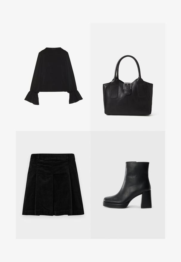 Zwarte langemouwen top met uitlopende manchetten, een zachte textuur en een relaxed fit, met een eenvoudige ronde halslijn.; Zwarte corduroy rok met een geplooid ontwerp, met een rechte snit, textuur en een tailleband voor een stevige pasvorm.; Zwarte leren enkelboot met een blokhak en platformzool, zijaanzicht op een effen witte achtergrond.; Zwarte leren tote bag met een gladde textuur, gestructureerde vorm, twee handvatten en een opvallend zilveren sluitingdetail aan de voorkant.