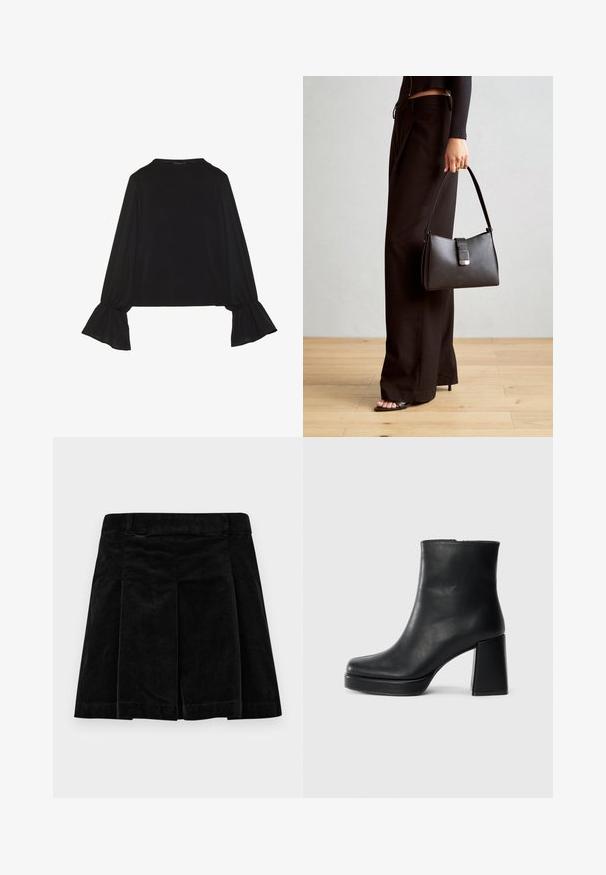 Top preto de mangas longas com punhos largos, textura suave e um corte descontraído, com um simples decote redondo.; Saias de veludo cotelê pretas com um design pregueado, apresentando um corte reto, superfície texturizada e uma cintura para um ajuste seguro.; Bota de couro preta até ao tornozelo com salto bloco e sola com plataforma, vista de lado sobre um fundo branco liso.; Bolsa preta com forma estruturada, textura suave e um fecho metálico. Combinada com calças largas pretas e sandálias de salto aberto sobre um chão de madeira.