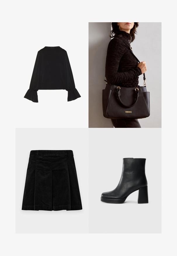 Top preto de mangas longas com punhos largos, textura suave e um corte descontraído, com um simples decote redondo.; Saias de veludo cotelê pretas com um design pregueado, apresentando um corte reto, superfície texturizada e uma cintura para um ajuste seguro.; Bota de couro preta até ao tornozelo com salto bloco e sola com plataforma, vista de lado sobre um fundo branco liso.; Bolsa preta com superfície texturizada, alças superiores duplas e alça de ombro ajustável. Apresenta ferragens em tom dourado e bolsos laterais.