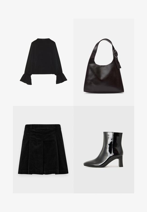 Maglietta nera a maniche lunghe con polsini svasati, texture morbida e vestibilità rilassata, con un semplice collo rotondo.; Gonna in velluto a coste nera con un design plissettato, caratterizzata da una linea dritta, superficie testurizzata e una vita per una vestibilità sicura.; Stivaletto in pelle verniciata nera con punta a punta e tacco a blocco di altezza media. Texture liscia e design minimalista.; Borsa a spalla in pelle marrone con una texture liscia, forma arrotondata, ampia tracolla e un accento metallico circolare sul manico.