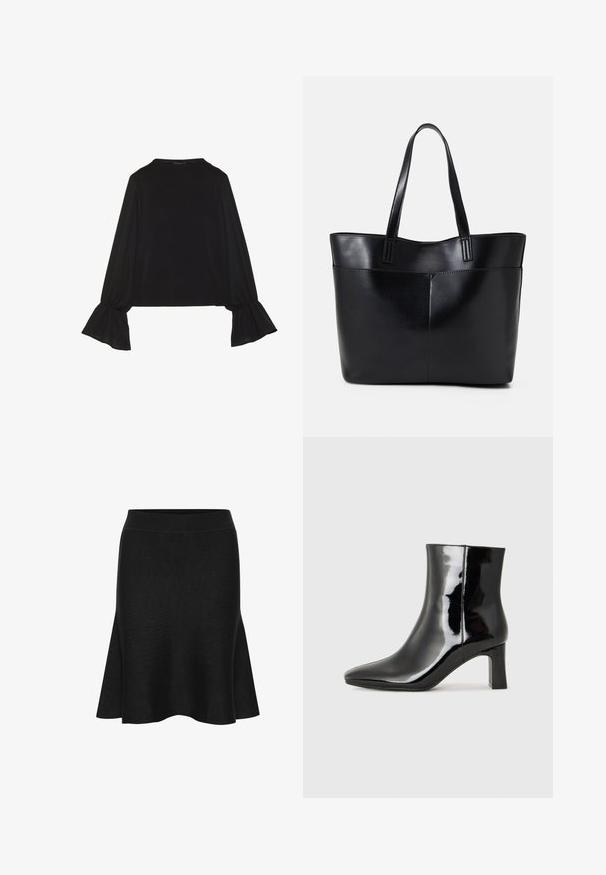 Črn dolg rokav vrh z razširjenimi manšetami, mehko teksturo in sproščenim krojem, z preprostim okroglim izrezom.; Črna pletena krilna krila s širokim pasom. Ima gladko teksturo in nežen razširjen rob. Brez vidnih vzorcev ali poudarkov.; Črne lakirane gležnjarje z ošiljenim nosom in srednje visokim blokastim peto. Gladka tekstura in minimalističen dizajn.; Črna usnjena torba z dvema dolgima ročajema, gladko teksturo in strukturirano obliko. Ima sprednji žep za dodatno shranjevanje.