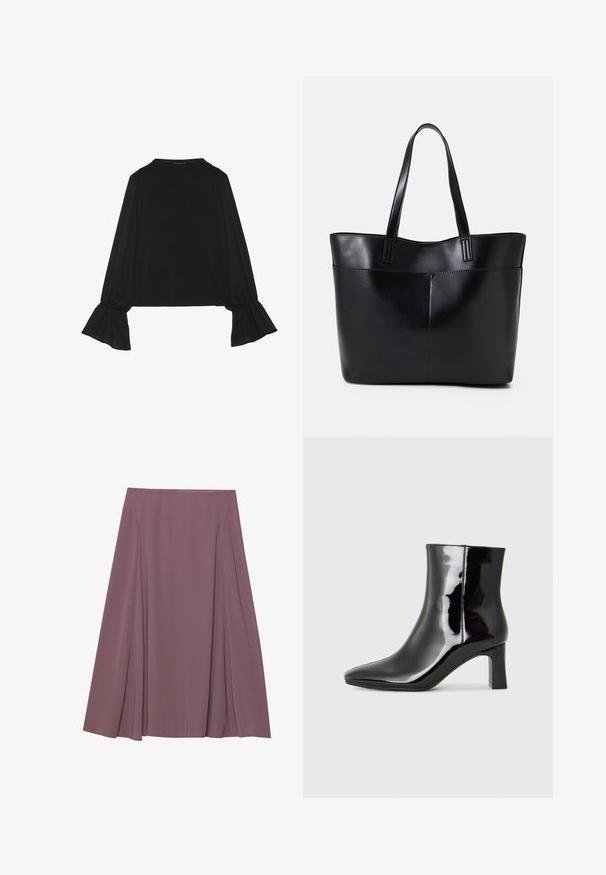 Sort langærmet top med flagrende manchetter, blød tekstur og en afslappet pasform, samt en enkel rund halsudskæring.; En knælang nederdel i en dæmpet mauve farve, lavet af letvægtsstof med plisseret design og en glat tekstur. Ingen synlige lukninger.; Sort lakeret ankelstøvle med spids tå og en midt-højde blokhæl. Glat tekstur og minimalistisk design.; Sort læder tote taske med to lange håndtag, en glat tekstur og en struktureret form. Har en forlommem for ekstra opbevaring.