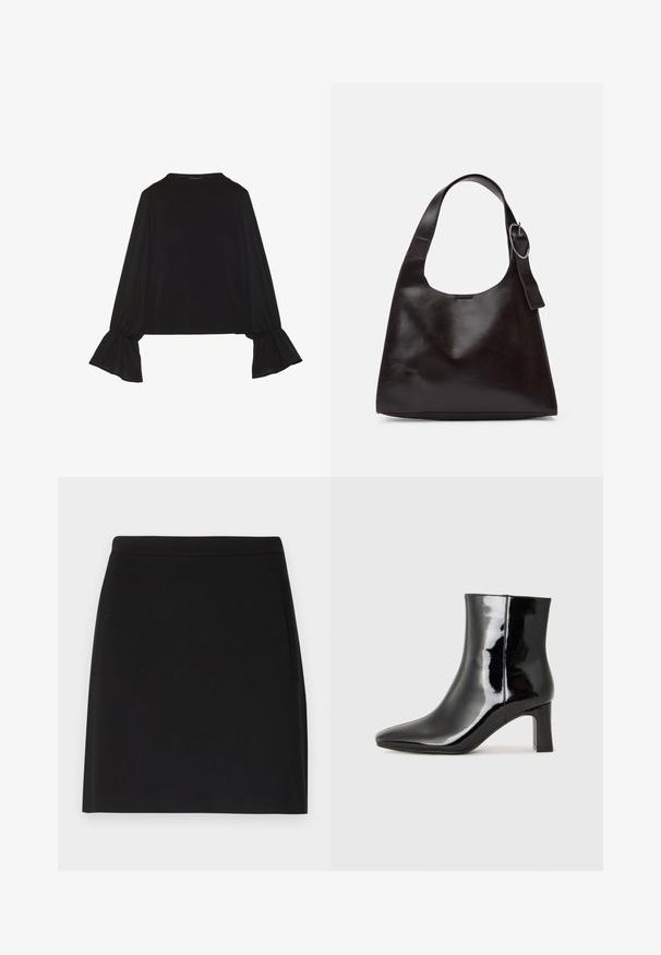 Mustsärgid musta tooniga, pika varrukaga, flöödid käised, pehme tekstuur ja vabalt langev lõige, lihtsa ümaraga kaelusega.; Mustan seeliku lihtsa disainiga, millel on sujuv tekstuur ja kitsas vöökoht. Lisafunktsionaalsuse jaoks on küljetasku.; Must-sinine nahkjalats musta läikiva viimistlusega, millel on terav nina ja keskmise kõrgusega plokk konts. Sile tekstuur ja minimalistik disain.; Pruun nahkne õlakott sujuva tekstuuriga, ümar kuju, laia rihmaga ja ümara metallise aktsendiga käepidemel.