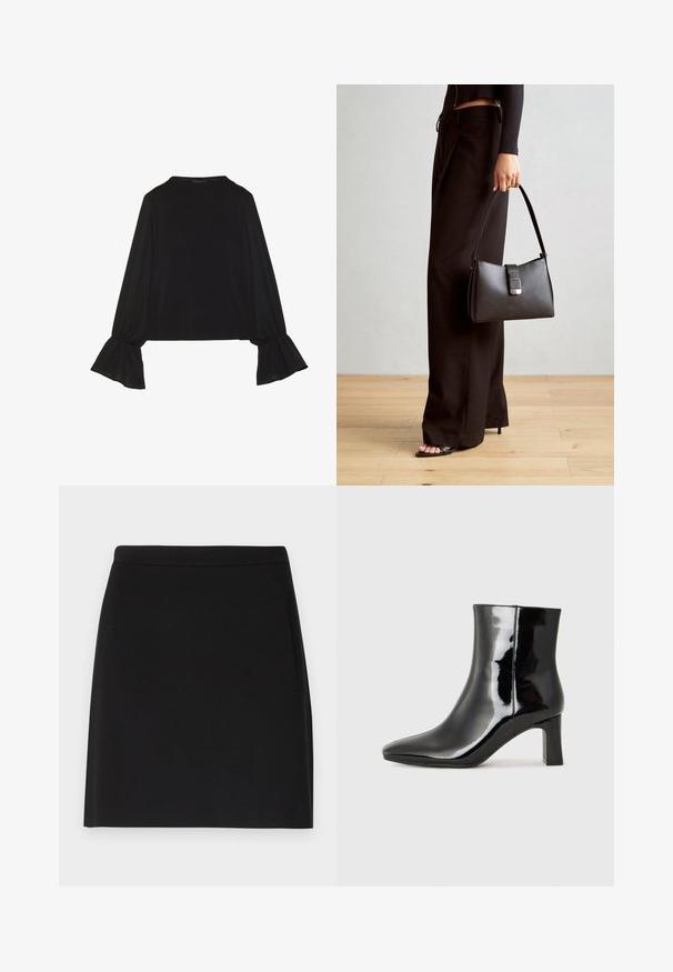 Melna garām piedurknēm krekls ar izplestu aproču, maigu tekstūru un brīvu piegriezumu, ar vienkāršu apaļu dekoltē.; Melnā svārku ar vienkāršu dizainu, ar gludu tekstūru un pieguļošu jostasvietu. Iekļauta sānu kabata papildu funkcionalitātei.; Melnas patentētas ādas potīšu zābaki ar norādītu pirkstu un vidēja augstuma kvadrātveida papēdi. Gluda tekstūra un minimālisma dizains.; Melnā somiņa ar strukturētu formu, gludu tekstūru un metālu sprādzi. Saskaņota ar platām melnām biksēm un sandālēm ar atvērtu purngalu uz koka grīdas.