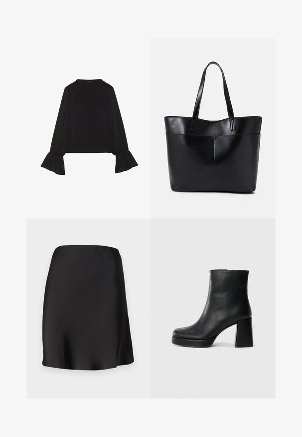 Melna garām piedurknēm krekls ar izplestu aproču, maigu tekstūru un brīvu piegriezumu, ar vienkāršu apaļu dekoltē.; Melna satīna mini svārki ar elastīgu jostu, gluda virsma un vienkārša piegrieztne. Nav nekādu rakstu vai akcentu.; Melna ādas potīšu zābaku ar bloku papēdi un platformas zoli, skatīts no sāna uz vienkārša balta fona.; Melnas ādas iepirkumu soma ar divām garām rokturām, gludu tekstūru un strukturētu formu. Iekļauj priekšējo kabatu papildu uzglabāšanai.