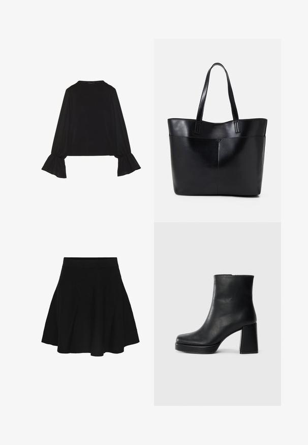 Svart langermet topp med utsvingte mansjetter, myk tekstur og avslappet passform, med enkel rund hals.; Svart vid skjørt med elastisk midje, kne-langt, laget av mykt stoff, vist på en hvit bakgrunn.; Sorte skinnankelsko med blokkhæl og plattformsåle, sett fra siden på en enkel hvit bakgrunn.; Svart lær toteveske med to lange håndtak, en glatt tekstur og en strukturert form. Har en frontlomme for ekstra oppbevaring.