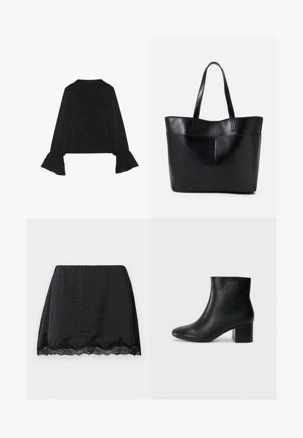 Maglietta nera a maniche lunghe con polsini svasati, texture morbida e vestibilità rilassata, con un semplice collo rotondo.; Gonna mini nera in satin con taglio dritto, caratterizzata da un bordo in pizzo ondulato all'orlo, texture liscia e vita elastica.; Stivali neri in pelle fino alla caviglia con punta appuntita e tacco spesso. Texture liscia con minimi dettagli e un design elegante e aderente.; Borsa a tracolla in pelle nera con due manici lunghi, una texture liscia e una forma strutturata. Presenta una tasca frontale per ulteriore spazio di archiviazione.