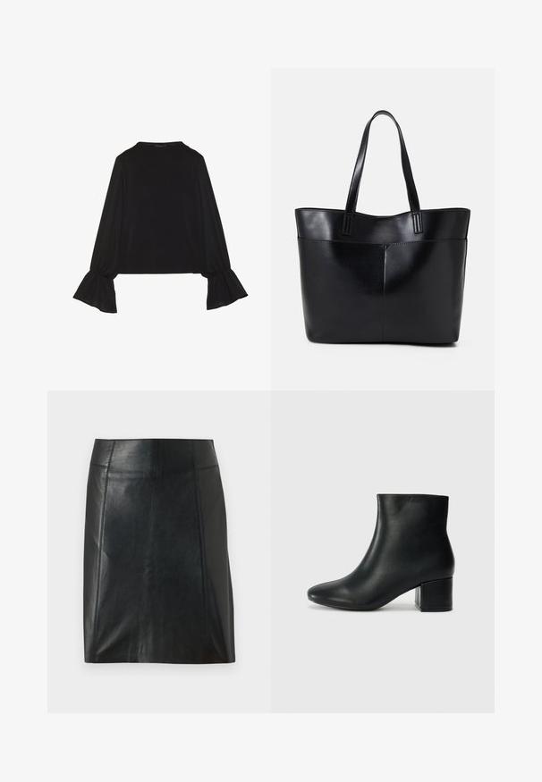 Top preto de mangas longas com punhos largos, textura suave e um corte descontraído, com um simples decote redondo.; Saia de couro preta com um design ajustado. Textura suave, costuras que delineiam a forma e uma barra reta. Aparência minimalista e elegante.; Botas de tornozelo em pele preta com bico pontiagudo e um salto robusto. Textura suave com acentos mínimos e um design ajustado e elegante.; Bolsa tote preta em couro com duas alças longas, textura suave e forma estruturada. Apresenta um bolso frontal para armazenamento adicional.