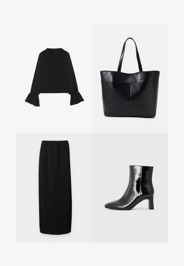 Black long-sleeve top featuring flared cuffs, soft texture, and a relaxed fit, with a simple round neckline.; Black midi skirt with an elastic waistband. Made of a smooth fabric, it features a straight cut and no additional patterns or embellishments.; Black patent leather ankle boot with a pointed toe and a mid-height block heel. Smooth texture and minimalist design.; Black leather tote bag with two long handles, a smooth texture, and a structured shape. Features a front pocket for additional storage.