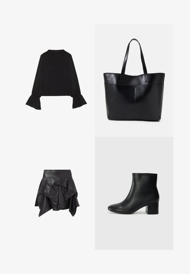 Maglietta nera a maniche lunghe con polsini svasati, texture morbida e vestibilità rilassata, con un semplice collo rotondo.; Gonna nera in pelle con design svasato e asimmetrico, dettagli drappeggiati e un punto vita aderente. Texture liscia con una finitura lucida.; Stivali neri in pelle fino alla caviglia con punta appuntita e tacco spesso. Texture liscia con minimi dettagli e un design elegante e aderente.; Borsa a tracolla in pelle nera con due manici lunghi, una texture liscia e una forma strutturata. Presenta una tasca frontale per ulteriore spazio di archiviazione.