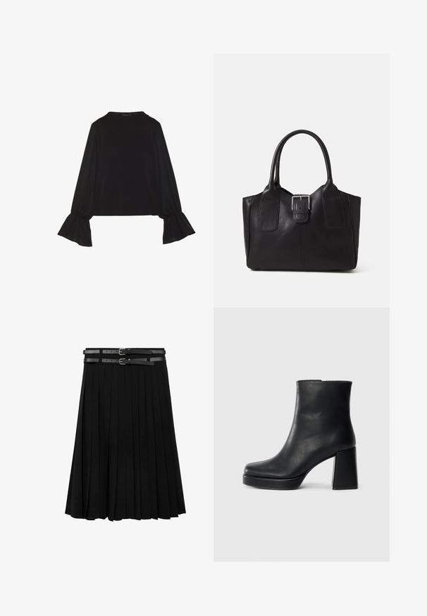 Sort langærmet top med flagrende manchetter, blød tekstur og en afslappet pasform, samt en enkel rund halsudskæring.; Sort plisseret nederdel med to læderremme og sølvspænder i livet. Fremstillet af et glat, flydende stof.; Sort læder ankelstøvle med blokhæl og platformssål, set fra siden på en ensfarvet hvid baggrund.; Sort læder tote taske med glat tekstur, struktureret form, to håndtag og en fremtrædende sølvspænde detalje på forsiden.