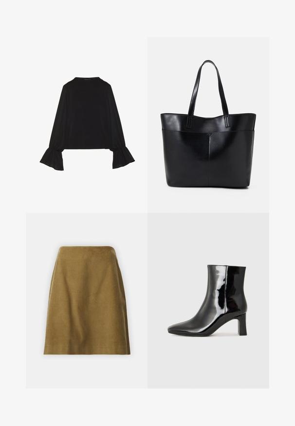 Top noir à manches longues avec des poignets évasés, texture douce et coupe décontractée, doté d'un col rond simple.; Selected Femme SLFJENNY NEWIBI SKIRT - Jupe trapèze - camel; Bottines en cuir verni noir avec un bout pointu et un talon block de hauteur moyenne. Texture lisse et design minimaliste.; Sac fourre-tout en cuir noir avec deux longues poignées, une texture lisse et une forme structurée. Dispose d'une poche avant pour un rangement supplémentaire.
