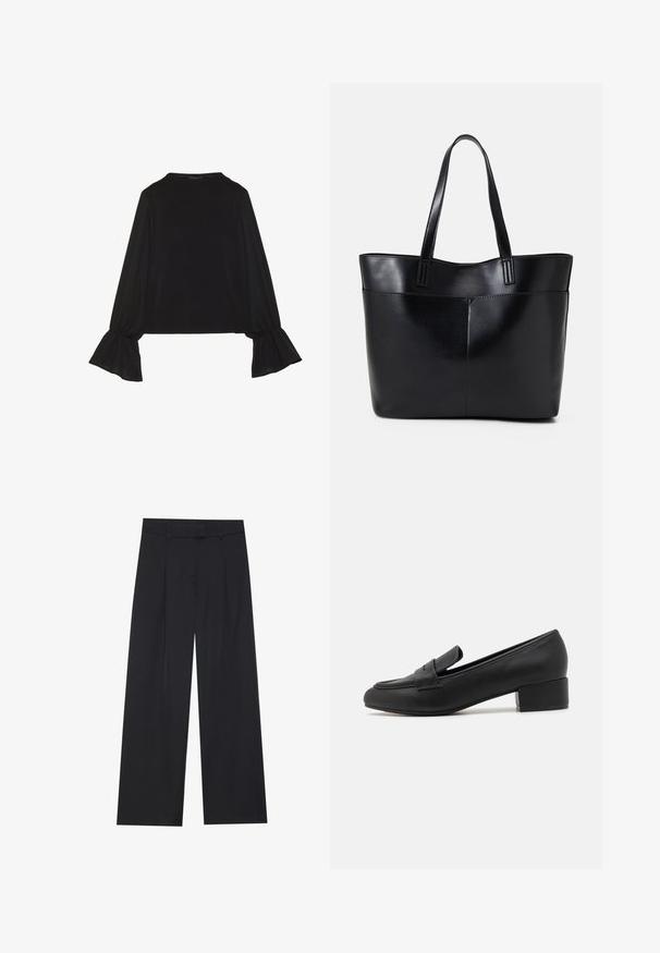 Črn dolg rokav vrh z razširjenimi manšetami, mehko teksturo in sproščenim krojem, z preprostim okroglim izrezom.; Črne široke hlače z gladko teksturo, ki vključujejo dva sprednja naguba, pas in brez vidnih kovinskih delov ali žepov.; Črne usnjene loafers čevlje z nizko blok peto, elegantnim dizajnom, šivanim detajli in minimalistično silhueto.; Črna usnjena torba z dvema dolgima ročajema, gladko teksturo in strukturirano obliko. Ima sprednji žep za dodatno shranjevanje.