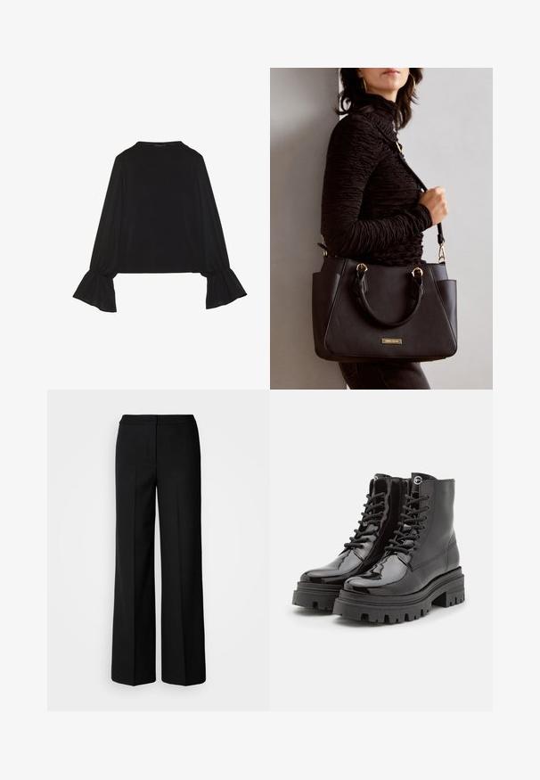 Juoda ilgomis rankovėmis palaidinė su išsiplėtusiais rankogaliais, minkšta tekstūra ir laisva forma, su paprastu apvaliu kaklu.; Juodos plačios kojų kelnės su lygia medžiaga, pasižyminčios aukštu liemeniu, pritaikytais siūlėmis ir minimalistiniu dizainu. Nėra matomų metalo detalių ar kišenių.; Juodos lakinės odinės aulinės botai su susirišimu priekyje, masyviu juodu padu ir šoniniu užtrauktuku. Išsiskiria sklandžiu, blizgiu paviršiumi ir apvalia nosimi.; Juodas rankinės maišelis su struktūrizuota paviršiumi, dvigubais viršutiniais rankenėlėmis ir reguliuojamu peties diržu. Įrengtas aukso spalvos furnitūra ir šoninės kišenės.