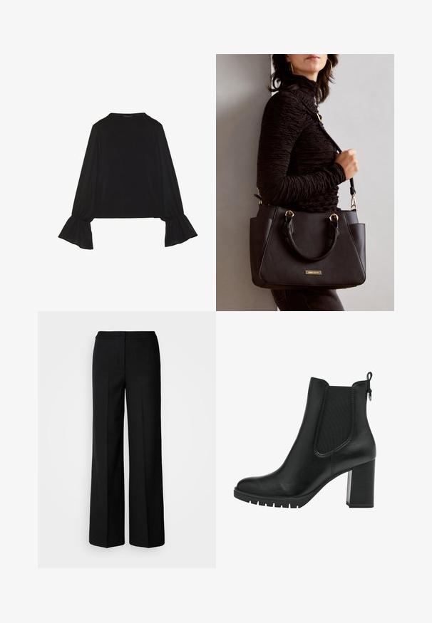 Černý top s dlouhými rukávy, který má rozšířené manžety, jemnou texturu a volný střih, s jednoduchým kulatým výstřihem.; Černé kalhoty s širokými nohavicemi z hladkého materiálu, s vysokým pasem, tailorovými švy a minimalistickým designem. Žádné viditelné kovové prvky ani kapsy.; Tamaris CHELSEA - Kotníkové boty na platformě - black; Černá kabelka s texturovaným povrchem, dvojitými horními uchy a nastavitelným ramenním popruhem. Obsahuje zlaté kovové prvky a boční kapsy.